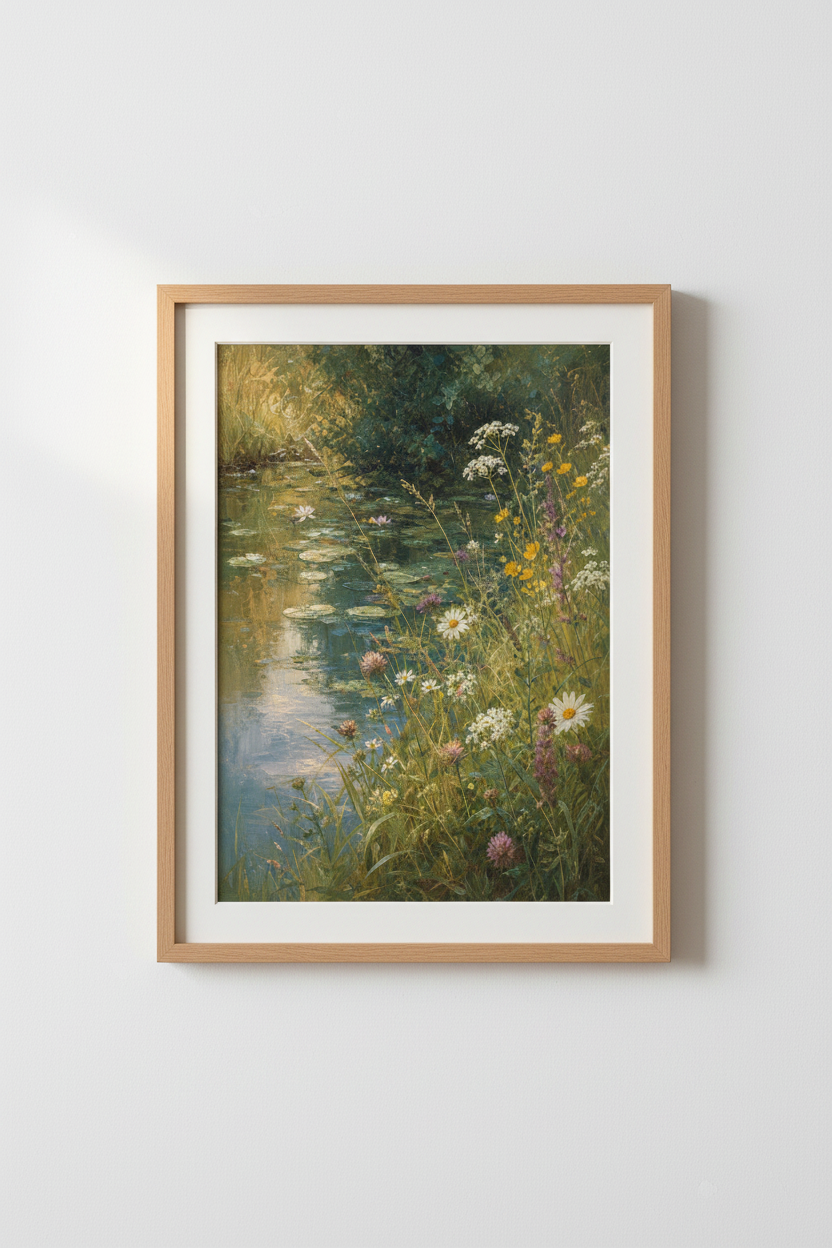 Wildflower Pond Oil Painting | Floral Landscape Print, Cottagecore Living Room Decor
