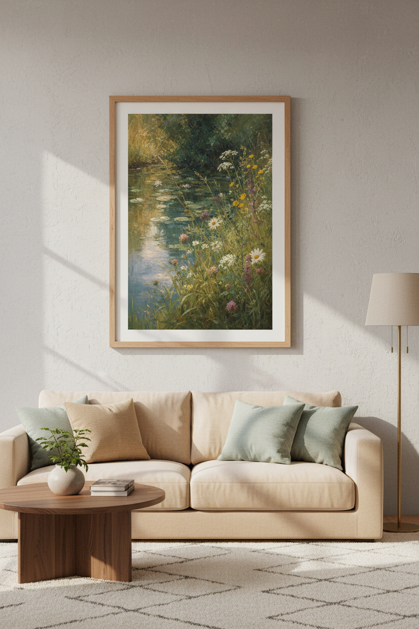 Wildflower Pond Oil Painting | Floral Landscape Print, Cottagecore Living Room Decor