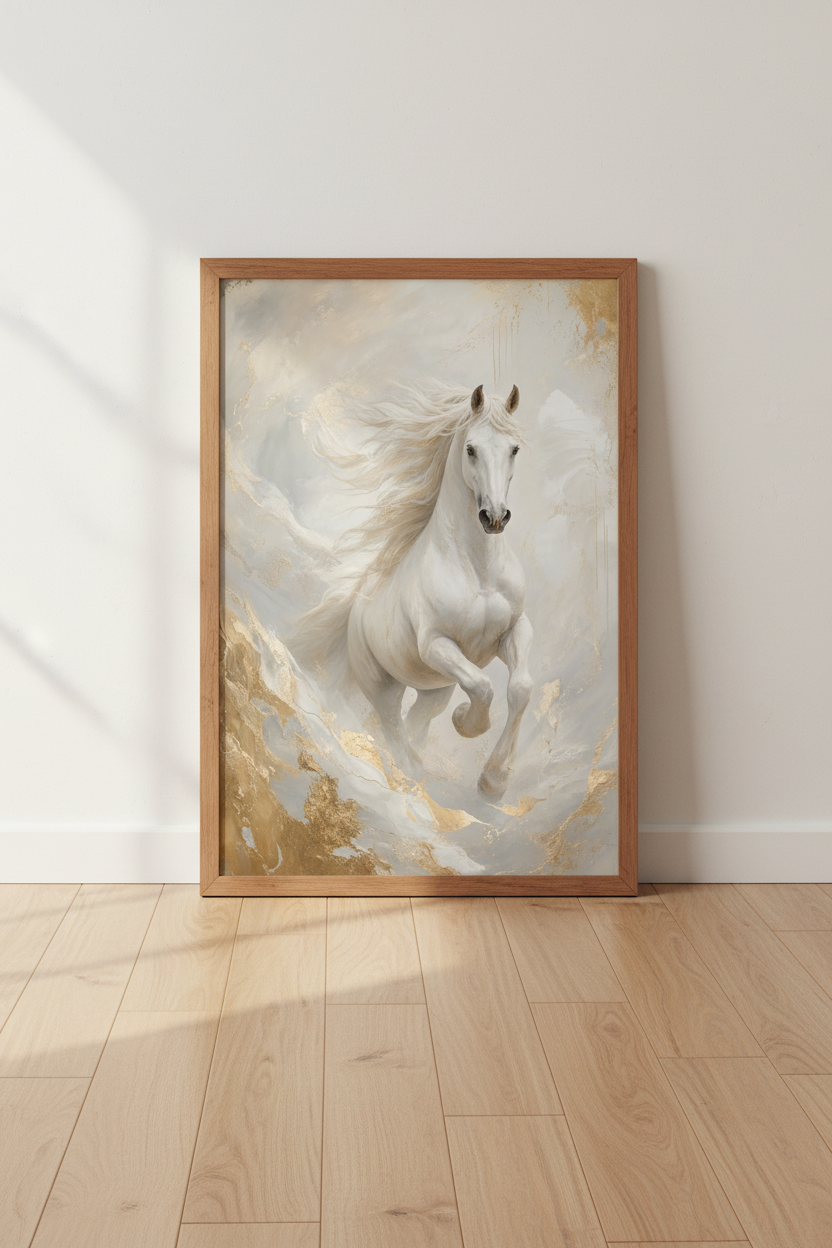 White Horse Wall Art | Gold &amp; Cream Equestrian Print | Modern Luxury Decor