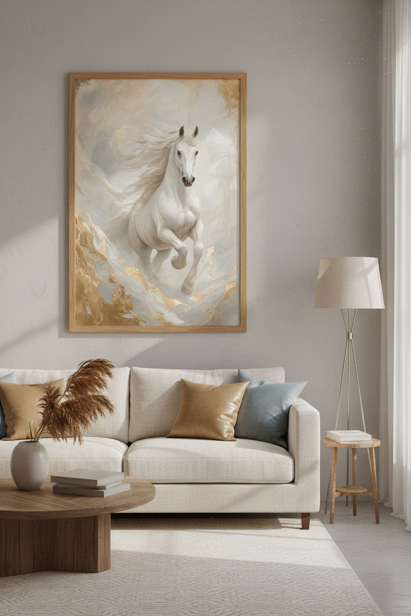 White Horse Wall Art | Gold &amp; Cream Equestrian Print | Modern Luxury Decor