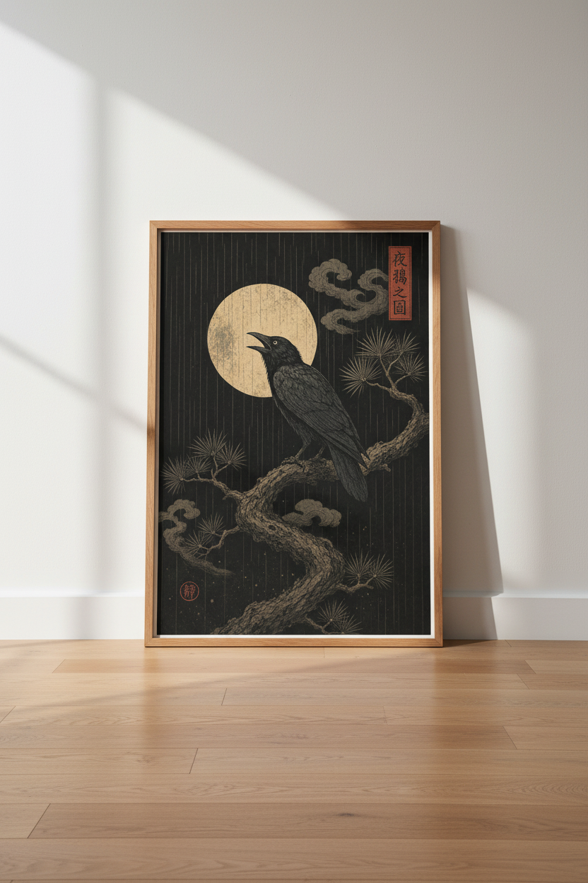 Japanese Crow Moonlight Wall Art Print | Dark Academia Decor | Raven Poster