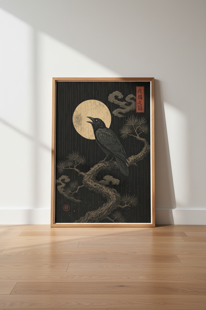 Japanese Crow Moonlight Wall Art Print | Dark Academia Decor | Raven Poster