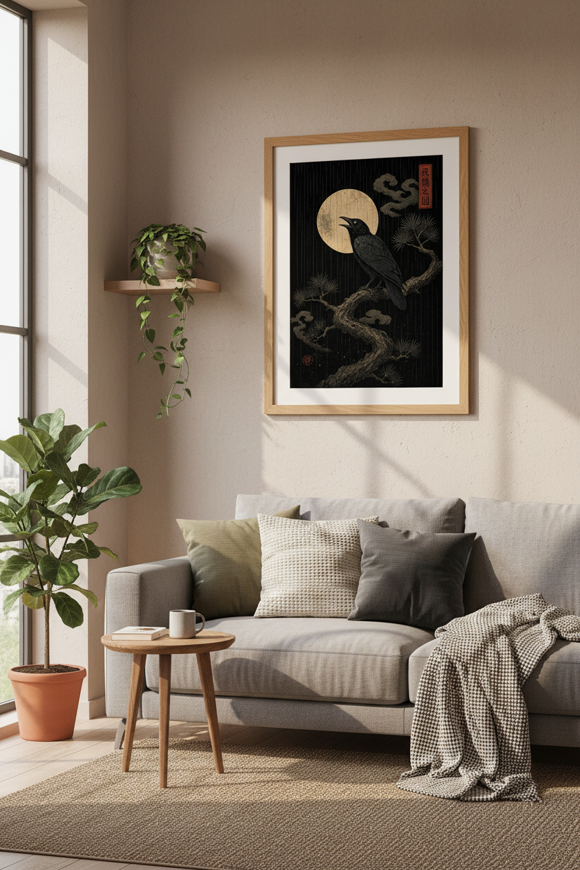 Japanese Crow Moonlight Wall Art Print | Dark Academia Decor | Raven Poster
