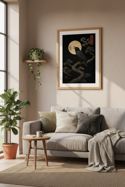 Japanese Crow Moonlight Wall Art Print | Dark Academia Decor | Raven Poster
