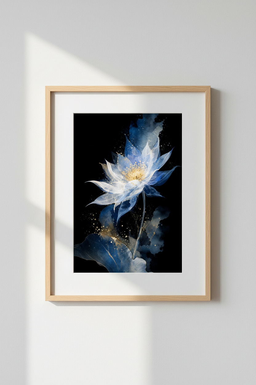 Watercolor Blue Lotus Wall Art Print | Living Room Decor | Indigo Poster