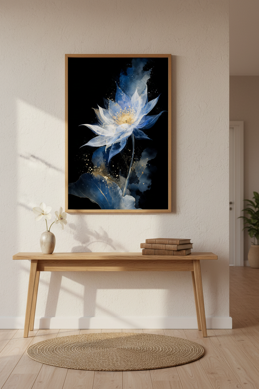 Watercolor Blue Lotus Wall Art Print | Living Room Decor | Indigo Poster