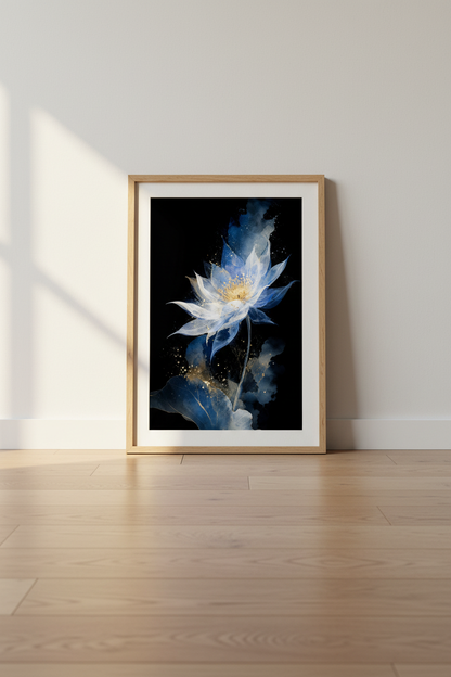 Watercolor Blue Lotus Wall Art Print | Living Room Decor | Indigo Poster