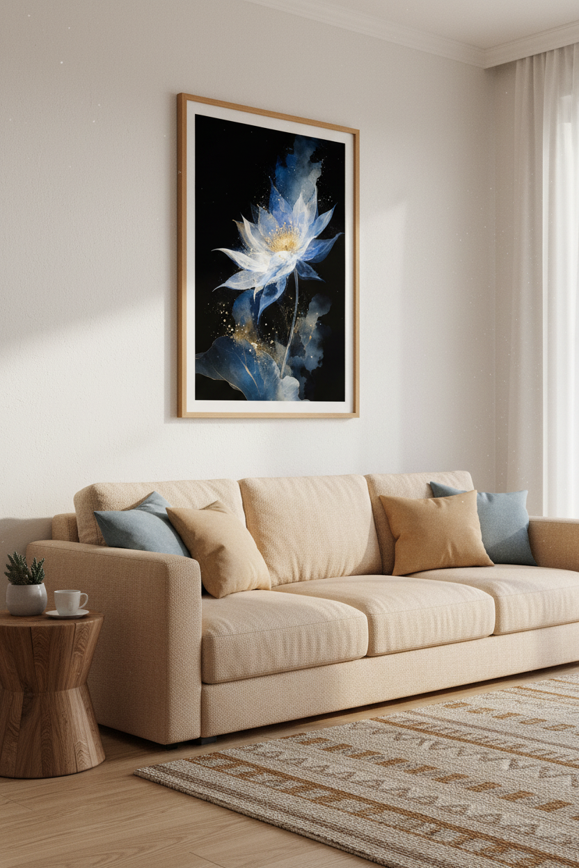 Watercolor Blue Lotus Wall Art Print | Living Room Decor | Indigo Poster
