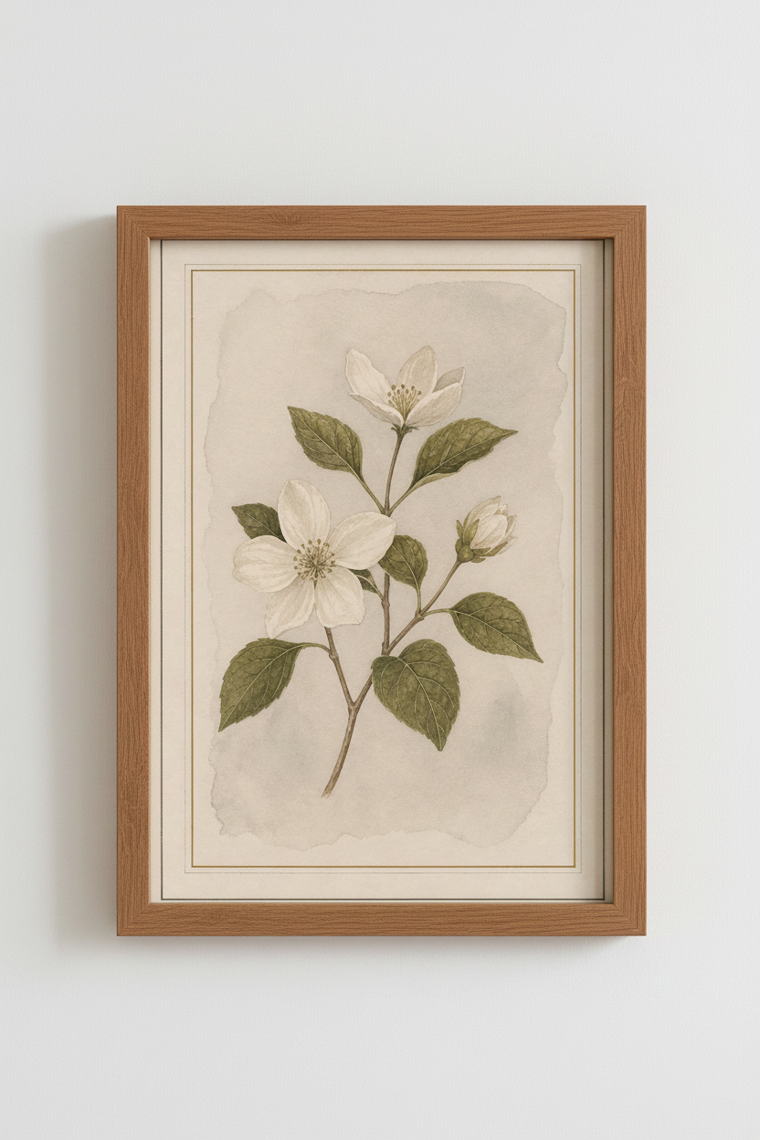 Vintage Jasmine Botanical Wall Art | Neutral Floral Sketch, Bedroom Decor Poster