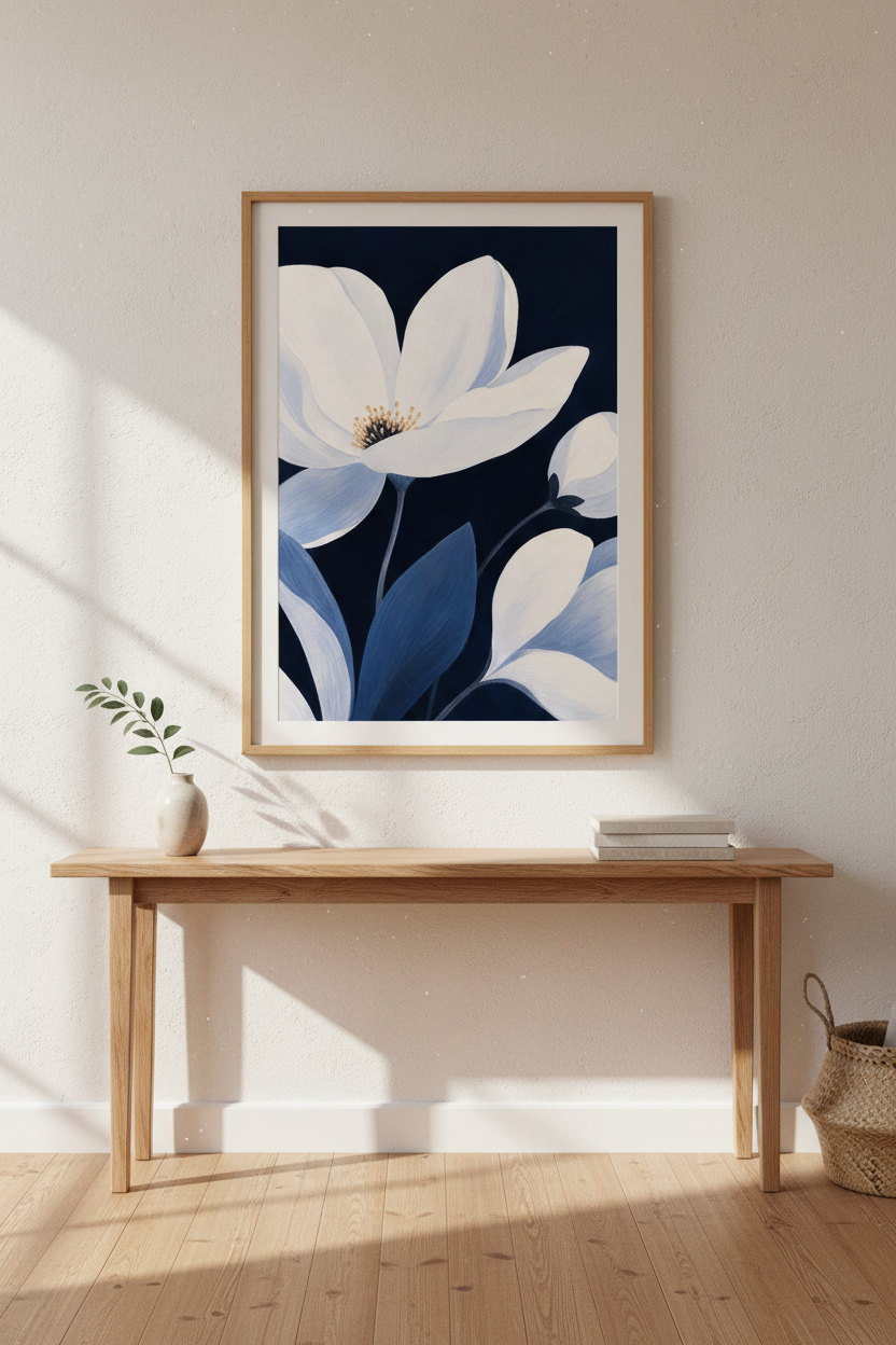 Blue floral wall art | Indigo toned botanical poster, Living Room Decor