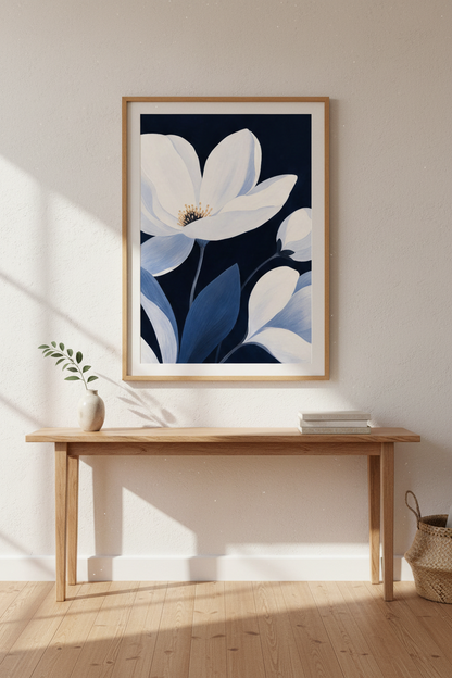 Blue floral wall art | Indigo toned botanical poster, Living Room Decor
