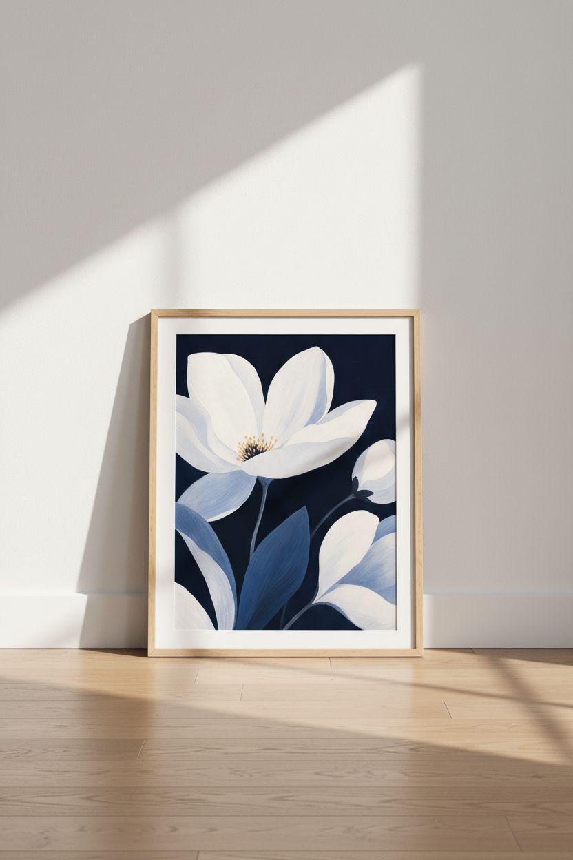 Blue floral wall art | Indigo toned botanical poster, Living Room Decor