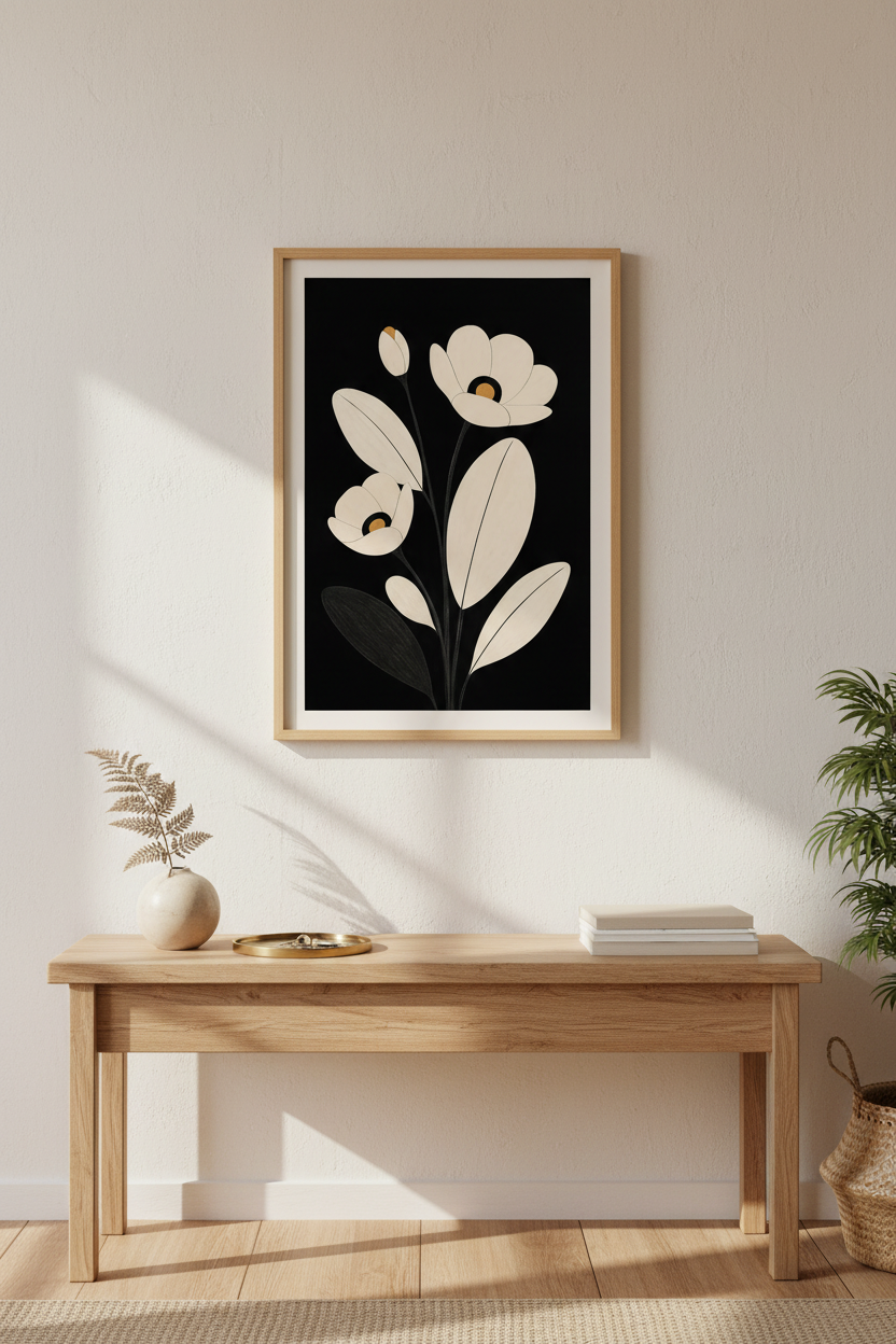 Minimalist Floral Wall Art Print | Living Room Decor | Monochrome Poster