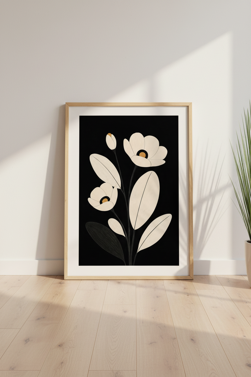 Minimalist Floral Wall Art Print | Living Room Decor | Monochrome Poster