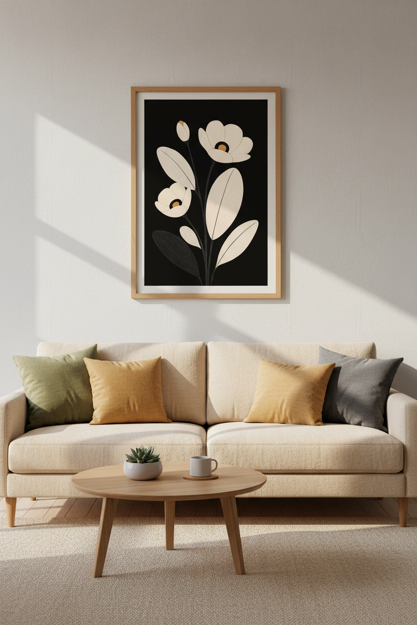 Minimalist Floral Wall Art Print | Living Room Decor | Monochrome Poster
