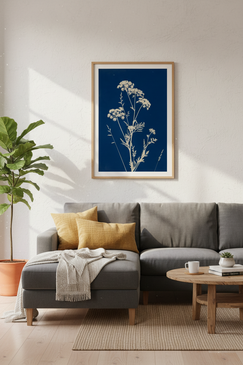 Botanical Wildflower Wall Art | Navy &amp; Cream Vintage Print, Minimalist Decor