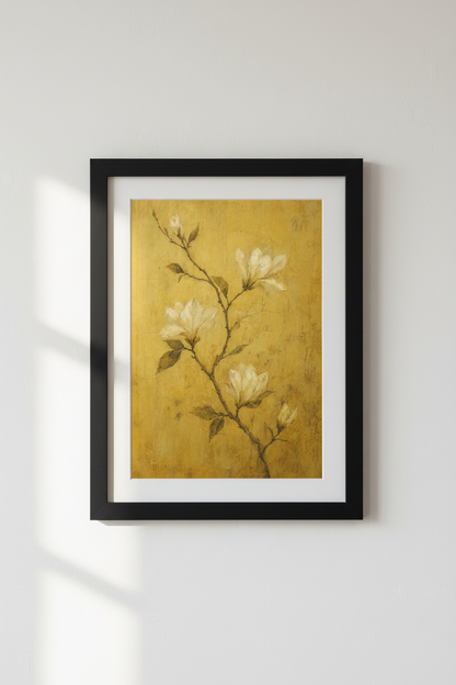Vintage Magnolia Floral Wall Art | Yellow Textured Poster, Rustic Botanical Print