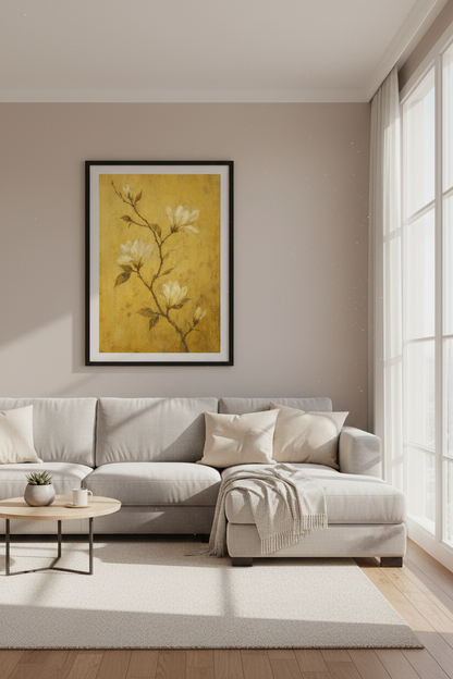 Vintage Magnolia Floral Wall Art | Yellow Textured Poster, Rustic Botanical Print