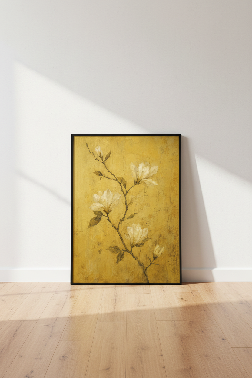 Vintage Magnolia Floral Wall Art | Yellow Textured Poster, Rustic Botanical Print