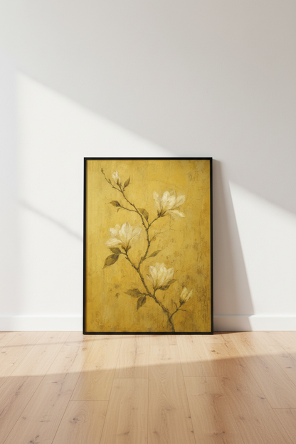 Vintage Magnolia Floral Wall Art | Yellow Textured Poster, Rustic Botanical Print