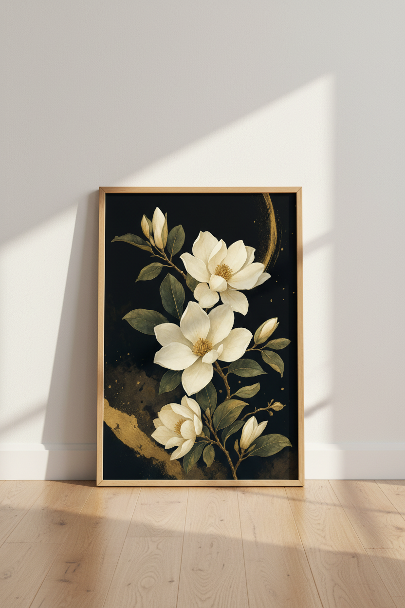 Magnolia Flower Wall Art | Black and Gold Botanical Print, Moody Bedroom Decor