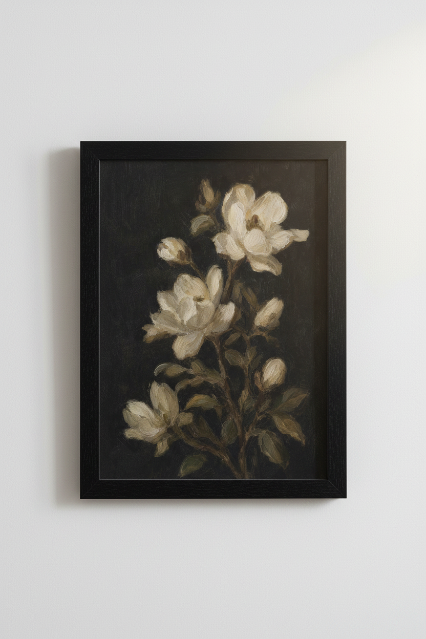 Dark Magnolia Flower Painting | Moody Floral Wall Art, Dark Academia Decor