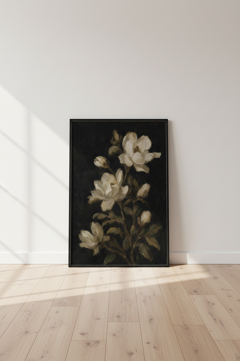 Dark Magnolia Flower Painting | Moody Floral Wall Art, Dark Academia Decor