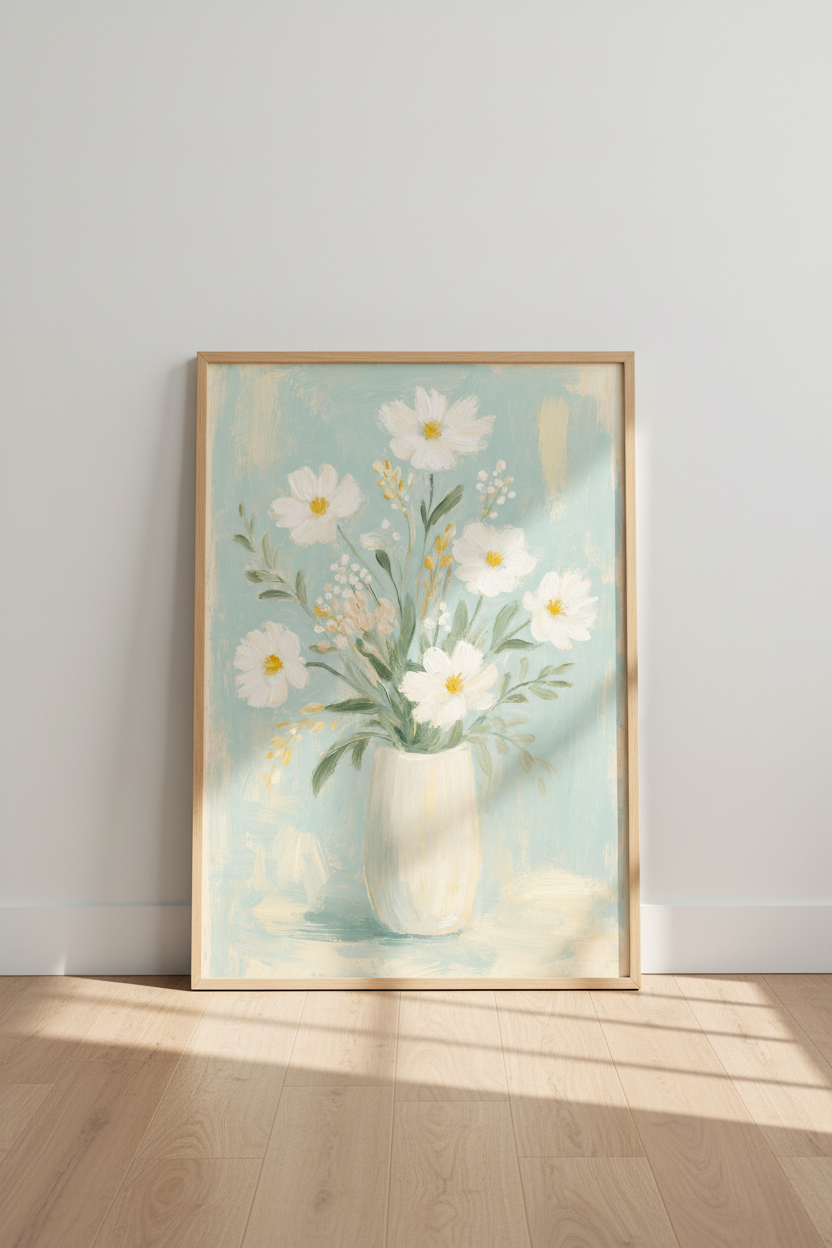 White Wildflower Oil Painting | Blue and Cream Floral Wall Art, Living Room Decor
