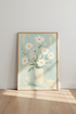 White Wildflower Oil Painting | Blue and Cream Floral Wall Art, Living Room Decor
