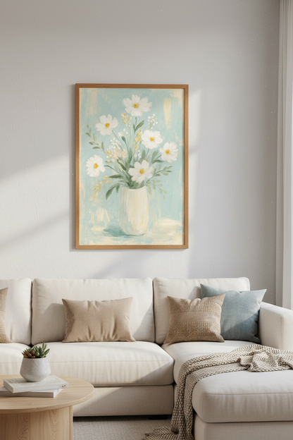 White Wildflower Oil Painting | Blue and Cream Floral Wall Art, Living Room Decor
