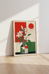 Japanese Floral Lilies Wall Art Print | Red & Green Botanical Decor | Modern Zen Poster