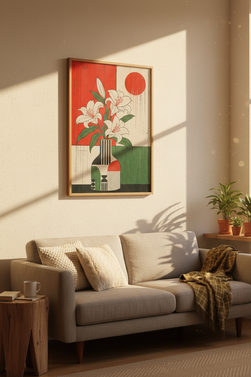 Japanese Floral Lilies Wall Art Print | Red &amp; Green Botanical Decor | Modern Zen Poster