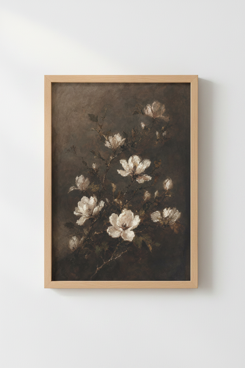 Moody Magnolia Flower Oil Painting | Vintage Botanical Print, Dark Academia Wall Decor