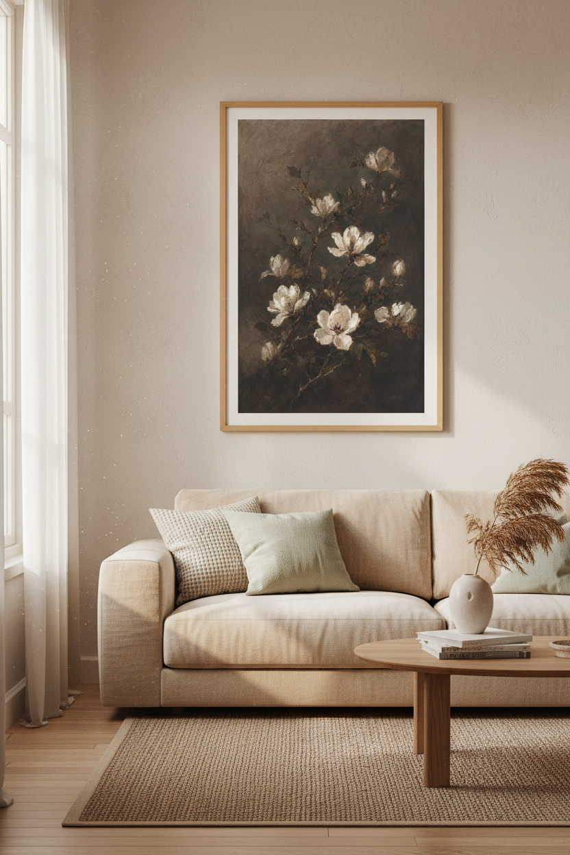 Moody Magnolia Flower Oil Painting | Vintage Botanical Print, Dark Academia Wall Decor