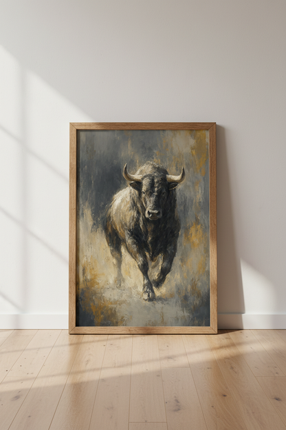 Charging Bull Oil Painting | Rustic Brown Neutral Wall Art, Masculine Office Decor