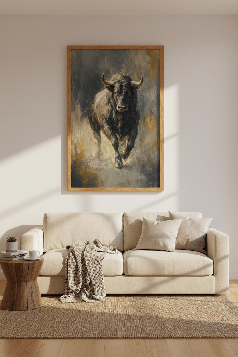 Charging Bull Oil Painting | Rustic Brown Neutral Wall Art, Masculine Office Decor