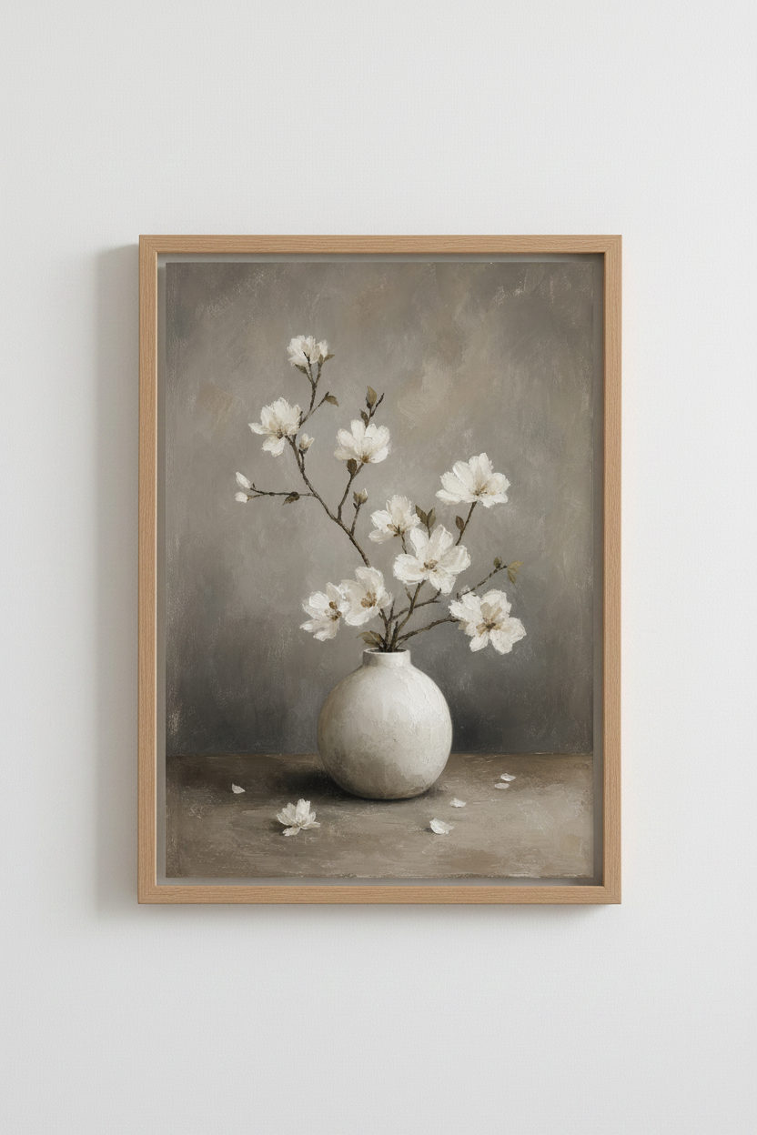 White Magnolia Vase Oil Painting | Moody Neutral Floral Art, Bedroom Decor
