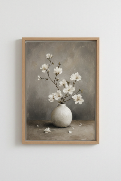 White Magnolia Vase Oil Painting | Moody Neutral Floral Art, Bedroom Decor