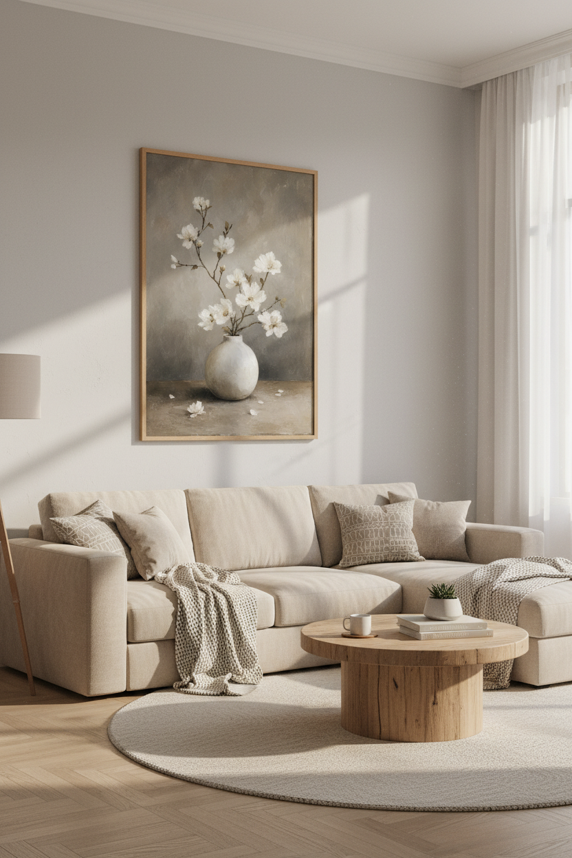 White Magnolia Vase Oil Painting | Moody Neutral Floral Art, Bedroom Decor