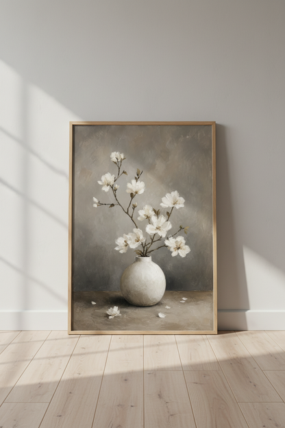 White Magnolia Vase Oil Painting | Moody Neutral Floral Art, Bedroom Decor