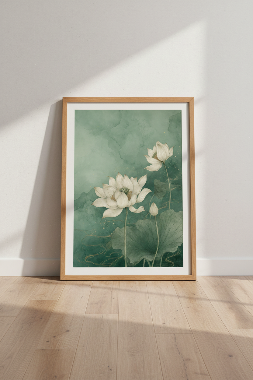 Lotus Flower Wall Art | Japanese Watercolor Green &amp; Gold Poster | Zen Room Decor