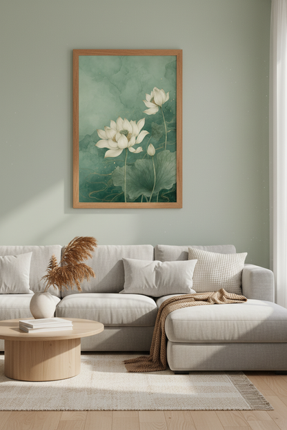 Lotus Flower Wall Art | Japanese Watercolor Green &amp; Gold Poster | Zen Room Decor