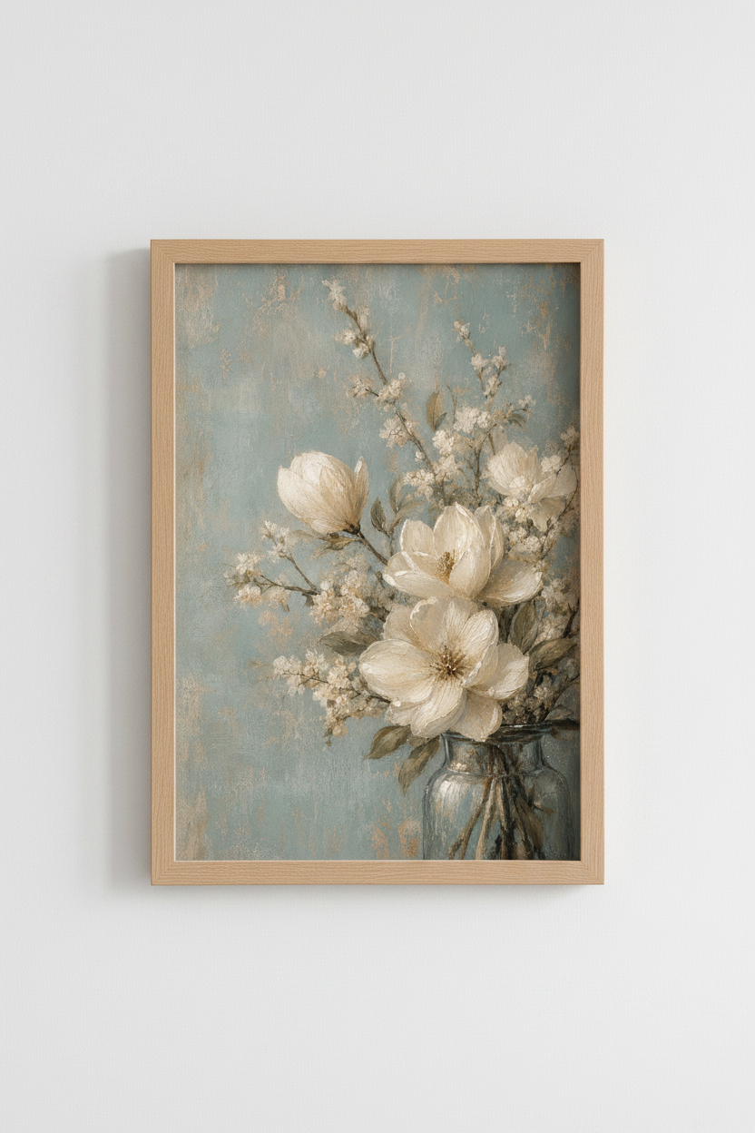 Vintage Magnolia Floral Oil Painting | Blue &amp; Cream Botanical Decor, Farmhouse Poster