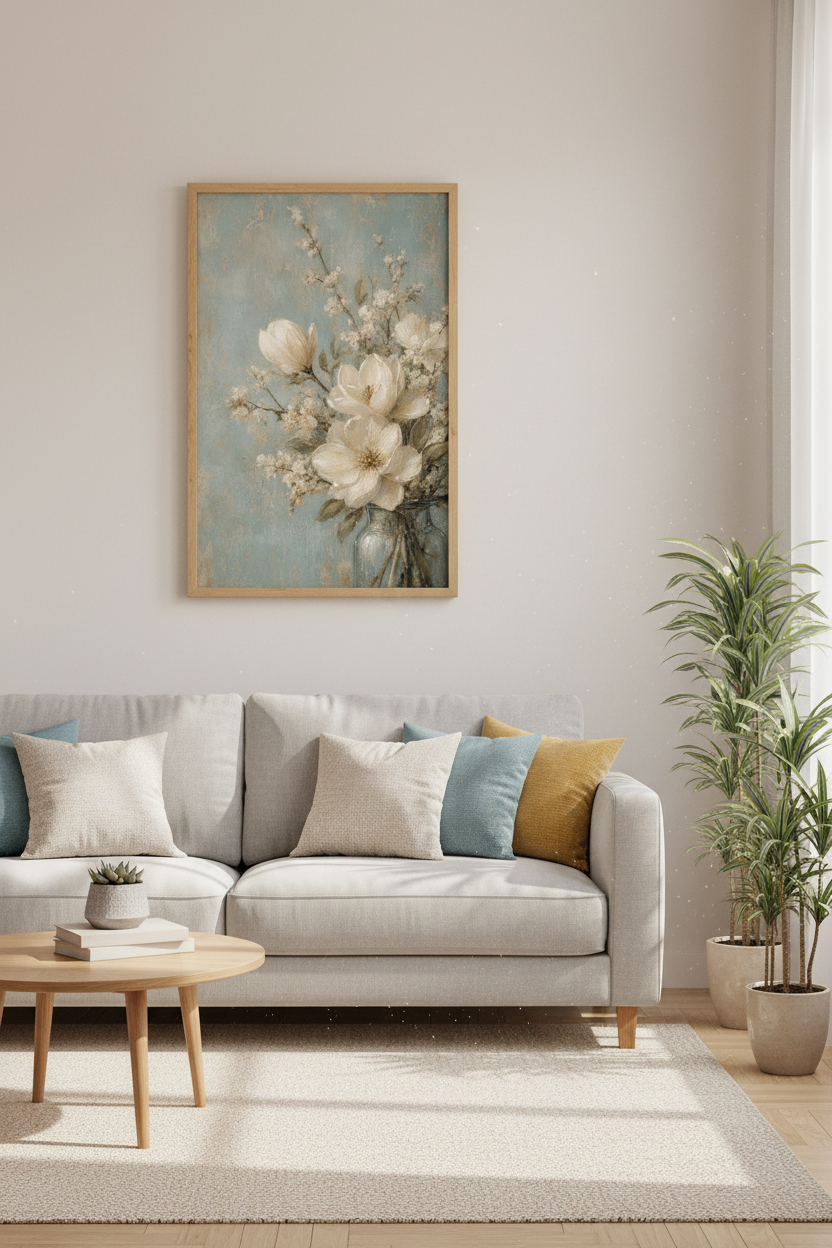 Vintage Magnolia Floral Oil Painting | Blue &amp; Cream Botanical Decor, Farmhouse Poster