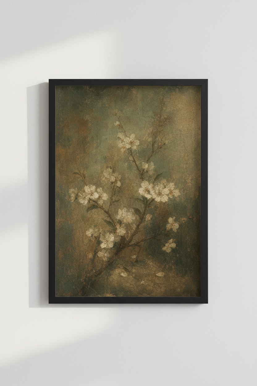 Vintage Cherry Blossom Wall Art | Moody Floral Oil Painting Print, Dark Academia Decor