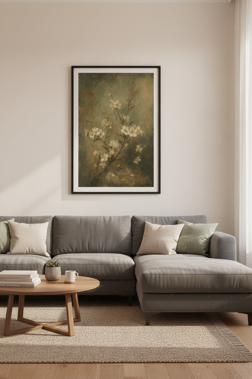 Vintage Cherry Blossom Wall Art | Moody Floral Oil Painting Print, Dark Academia Decor