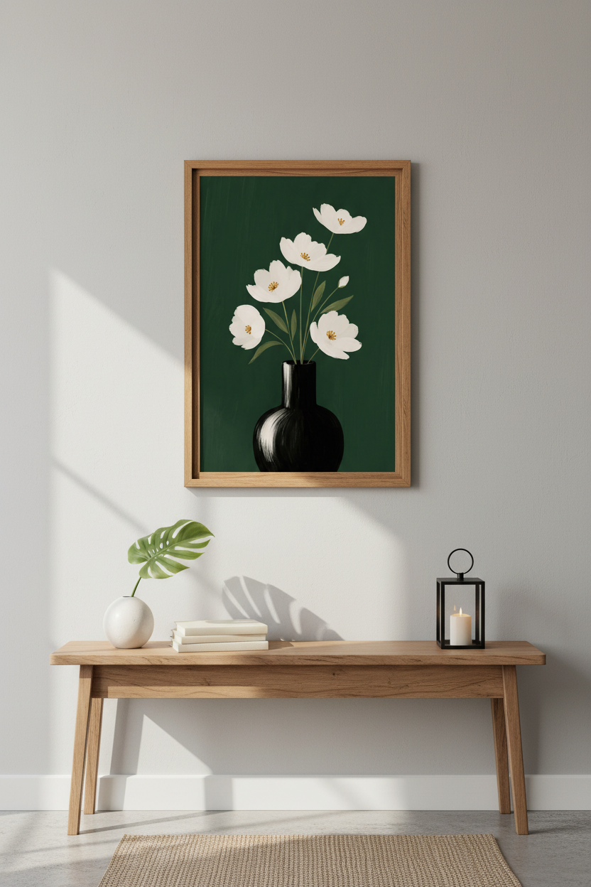 Floral Wall Art | Modern Minimalist White &amp; Emerald Green | Living Room Decor