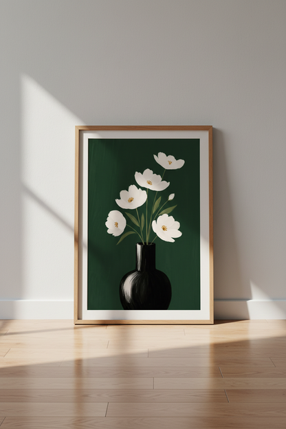 Floral Wall Art | Modern Minimalist White &amp; Emerald Green | Living Room Decor