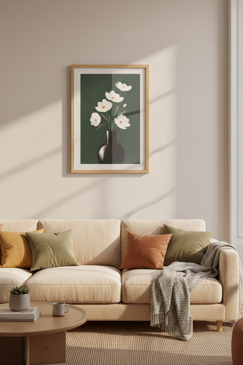 Floral Wall Art | Modern Minimalist White &amp; Emerald Green | Living Room Decor