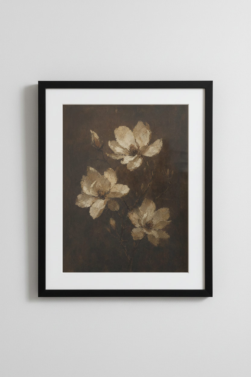 Dark Magnolia Floral Wall Art | Moody Vintage Botanical Decor | Brown Antique Style Poster